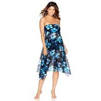 Ladies swimwear floral rose print sheer mesh 2 in 1 multiway swim skirt strapless beach dress - Blue