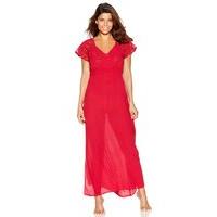 Ladies swimwear cotton blend floor length short sleeve crochet lace panel maxi beach dress cover up - Red