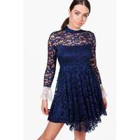 Lace Contrast Cuff Frill Dress - navy