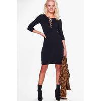 Lace Up Front Bodycon Dress - black