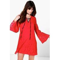 lace up front flute sleeve shift dress red