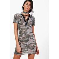 lace up camo choker fine knit dress multi