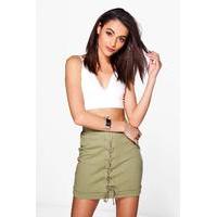 Lace Up Front Loopback Casual Skirt - khaki