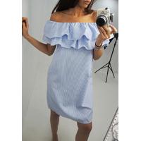 Larsa blue stripe bardot frill dress