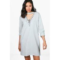 Lace Up Front Sweat Dress - grey