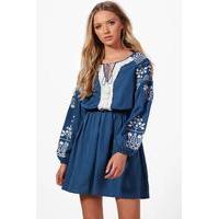 Lara Embroidered Tassel Dress - blue