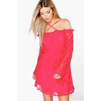 lace strappy wide sleeve skater dress red