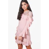 Lace and Frill Bodycon Dress - rose