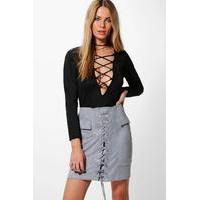 Lace Up Front Pocket Side Suedette Skirt - grey