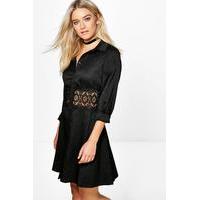Lace Crochet Waist Shirt Dress - black