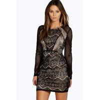 Lace Panelled Long Sleeve Bodycon Dress - black