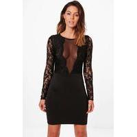 Lace and Mesh Panelled Bodycon Dress - black