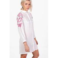Lace Insert Embroidered Shirt Dress - white