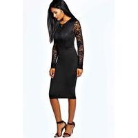 Lace Long Sleeve Bodycon Midi Dress - black