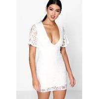 Lace Frill Sleeve Plunge Bodycon Dress - ivory