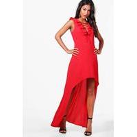 Lace Up Ruffle High Low Maxi Dress - red