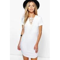 Lace Up Ribbed Curved Hem Bodycon Dress - cream
