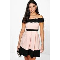 Lace Off The Shoulder Contrast Skater Dress - blush