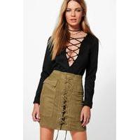 Lace Up Front Pocket Side Suedette Skirt - khaki