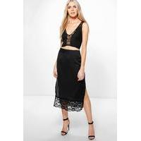 Lace Hem Satin Side Split Midi Skirt - black