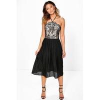 Lace Top Pleated Skirt Skater Dress - black