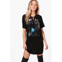 Lace Up Cosmic Printed T-Shirt Dress - black