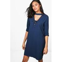 Lace Up Front Sweat Dress - navy