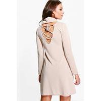 Lace Up Flute Sleeved Shift Dress - sand