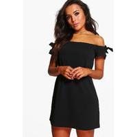 lacey off the shoulder tie sleeve shift dress black