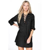 Lace Up Collar Cotton Shirt Dress - black