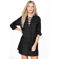 lace up collar cotton shirt dress black