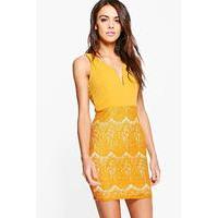 lace contrast plunge bodycon dress chartreuse