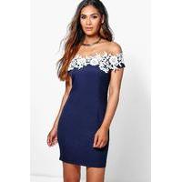 lace off shoulder detail bodycon dress navy