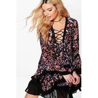 Lace Up Flute Sleeve Printed Dress - multi