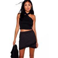 Lace Trim Wrap Suedette Mini Skirt - black