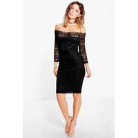 lace bardot midi dress black