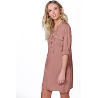 Lace Up Utility Pocket Shirt Dress - mocha