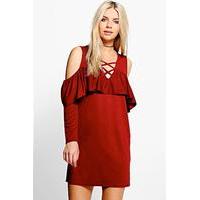 lace up cold shoulder ruffle shift dress wine