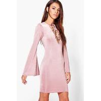 Lace Up Flared Sleeve Bodycon Dress - rose