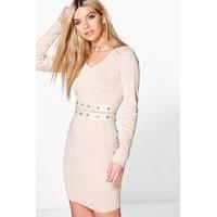 Lace Up Middle Ribbed Knit Dress - beige