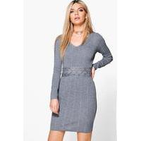 Lace Up Middle Ribbed Knit Dress - grey