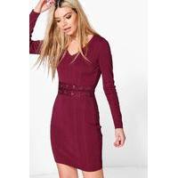 Lace Up Middle Ribbed Knit Dress - red