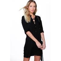 Lace Up Utility Pocket Shirt Dress - black