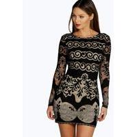 Lace Panelled Long Sleeve Bodycon Dress - black
