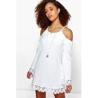 Lace Trim Cold Shoulder Dress - cream