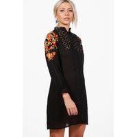 Lace Insert Embroidered Shirt Dress - black