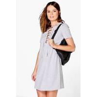 Lace Up Front T-Shirt Dress - grey