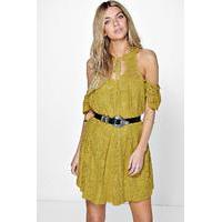 Lace Cold Shoulder Swing Dress - olive