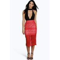 Lace Contrast Midi Skirt - red