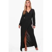 Lacey Wrap Front Slinky Maxi Dress - black